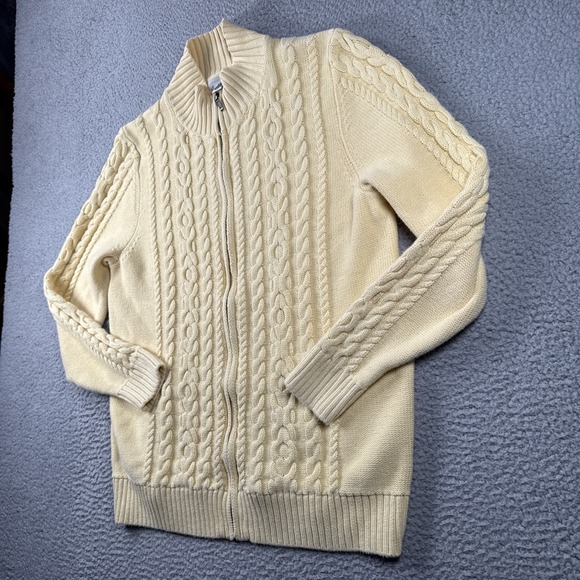 LL Bean Cardigan Sweater Womens XL Yellow Double L Cable Knit Full Zip Fisherman - Picture 3 of 12
